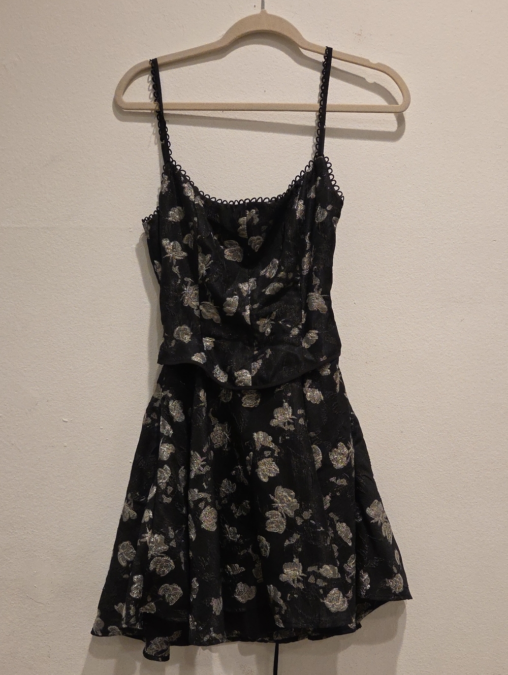 Black Floral Metallic-Accent Spaghetti Strap Mini Dress